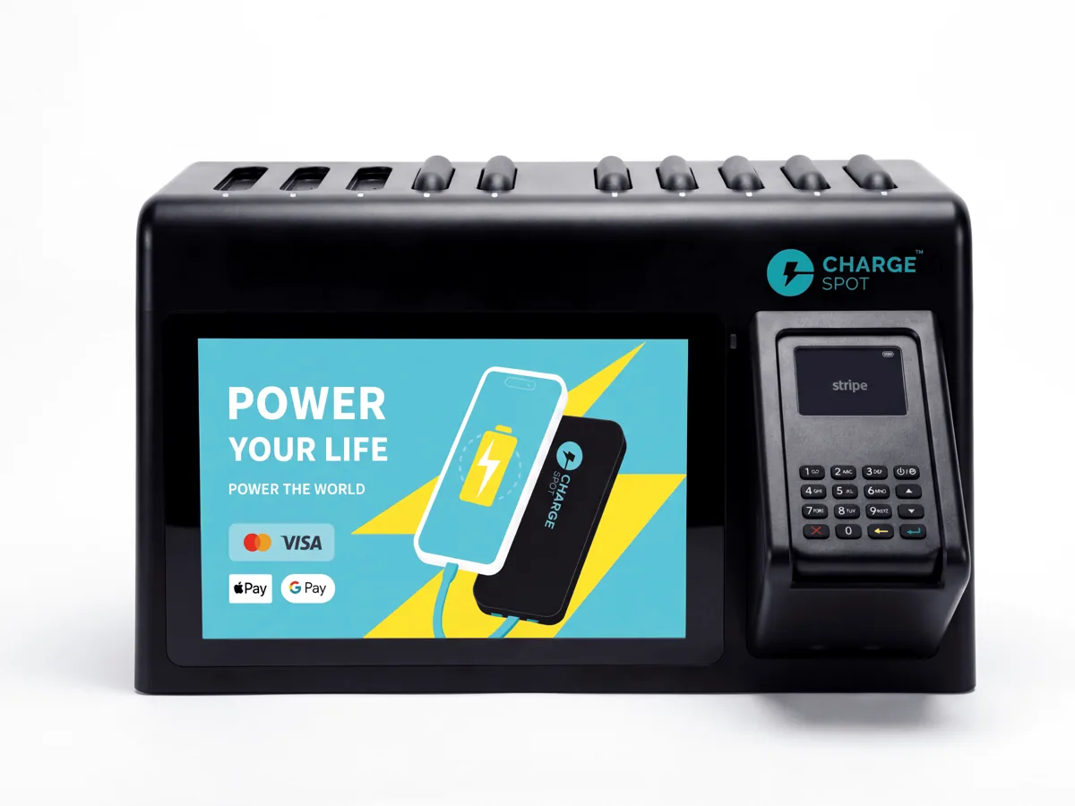 Stazione di ricarica CHARGESPOT TAP10 con schermo da 10 pollici e 10 slot powerbank
