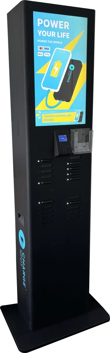 Stazione di ricarica a colonna CHARGESPOT TAP20 con schermo da 28 pollici e 20 slot powerbank
