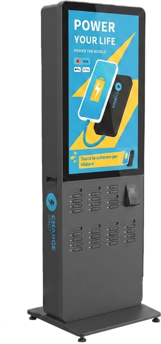 Stazione di ricarica a colonna CHARGESPOT TAP35 con schermo da 43 pollici e 35 slot powerbank